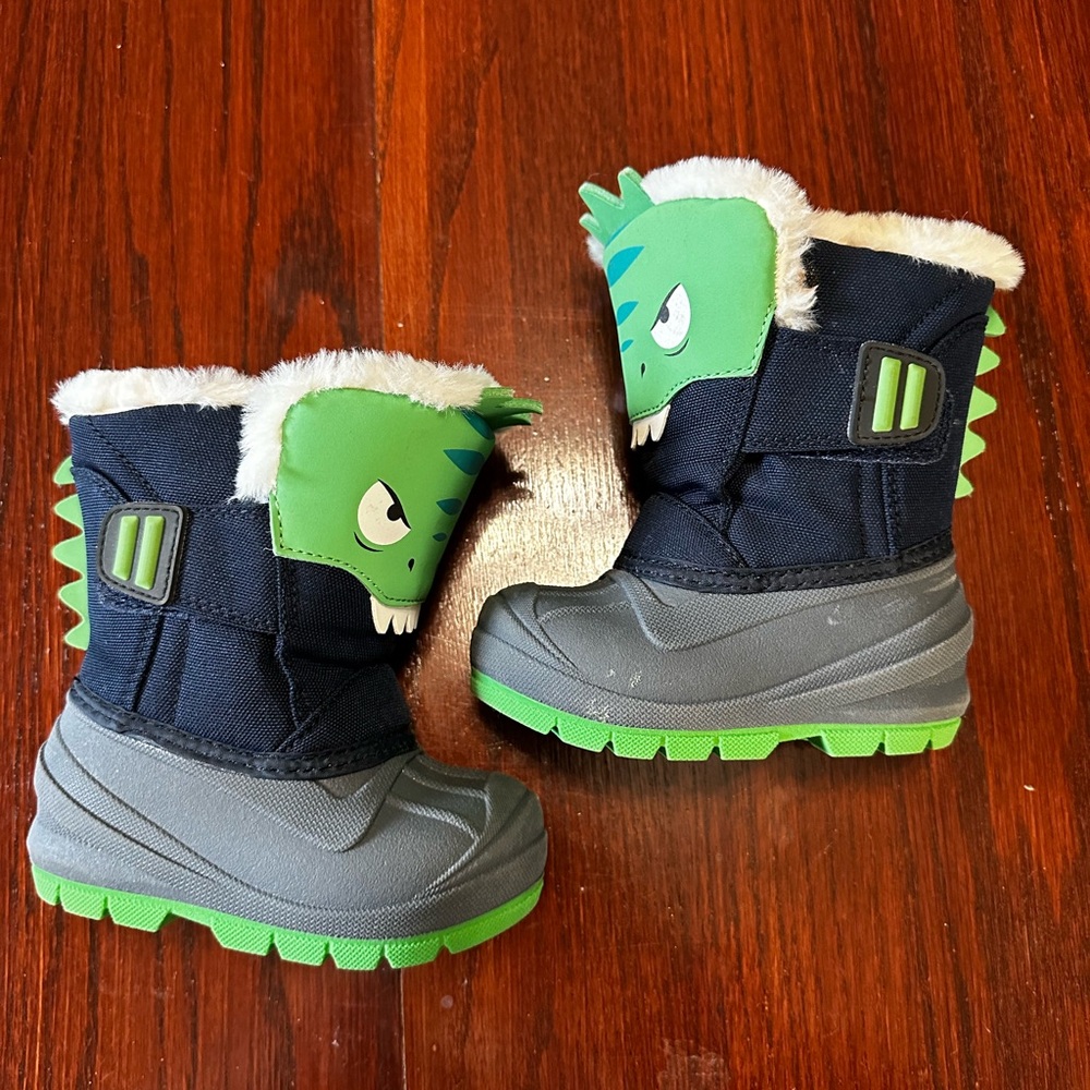Cat & Jack Navy and Green Dino Snow Boots